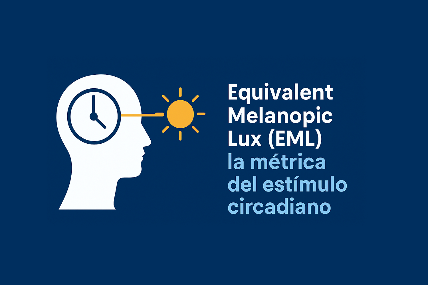 Infografía con un perfil humano que muestra un reloj interno conectado a un sol, simbolizando la relación entre la luz y el estímulo circadiano medido en lux melanópicos equivalentes (EML).