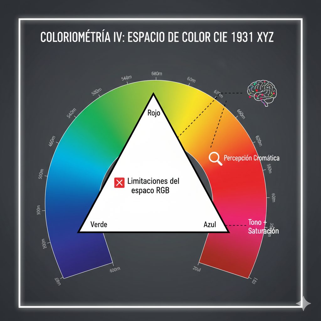 Un diagrama de cromaticidad CIE 1931 con forma de herradura, que muestra el espectro de colores visibles. En el centro, un triángulo blanco con bordes negros representa el gamut del espacio de color RGB, y está marcado con "Limitaciones del espacio RGB" y una 'X'. El borde exterior del diagrama tiene marcadores de longitud de onda en nanómetros (nm). Se señalan las etiquetas Rojo, Verde y Azul en los vértices del triángulo, y conceptos como "Tono + Saturación" y "Percepción Cromática" están anotados en la imagen. El título "COLORIMETRÍA IV: ESPACIO DE COLOR CIE 1931 XYZ" se muestra en la parte superior.