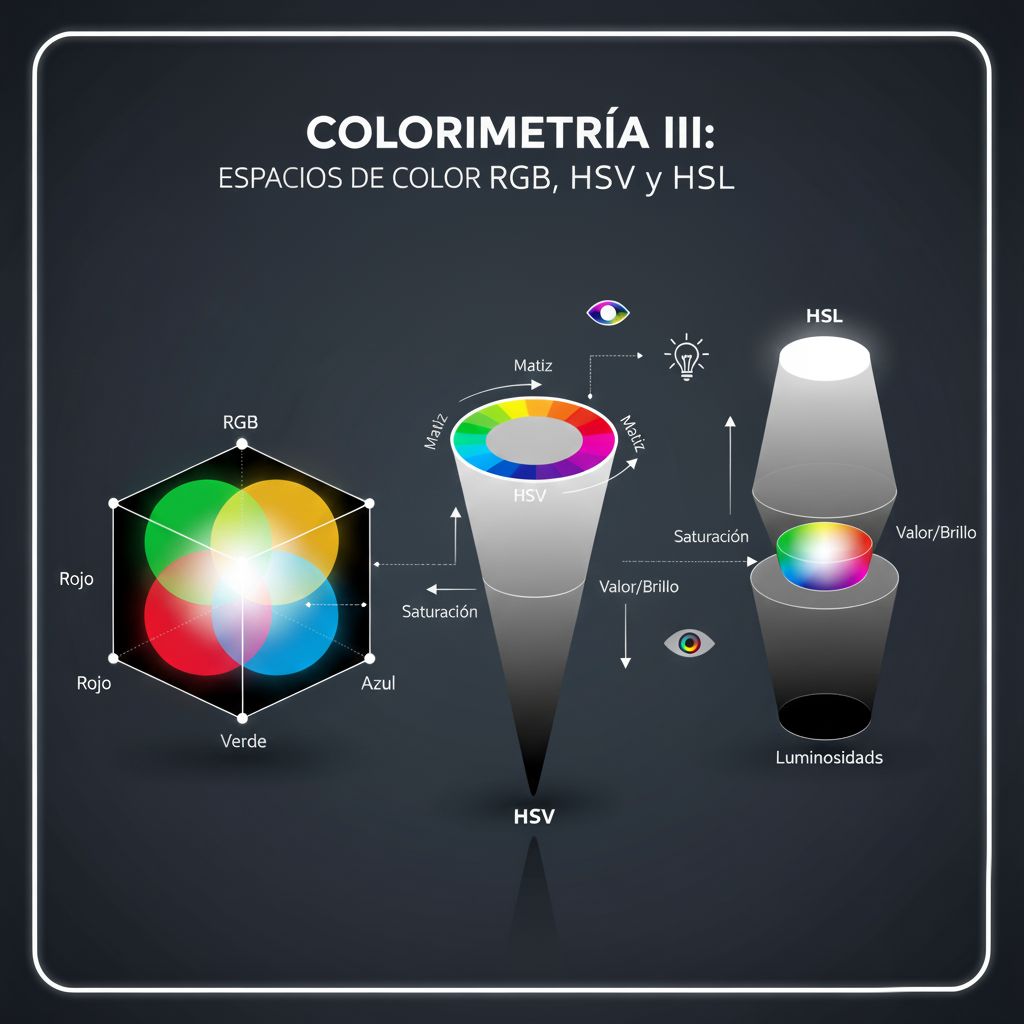 Un diagrama compara tres espacios de color principales. A la izquierda, un cubo muestra los ejes R, G y B con el negro en el origen y el blanco en el vértice opuesto (Modelo RGB). A la derecha, se representan dos cilindros etiquetados como HSV (Matiz, Saturación, Valor) y HSL (Matiz, Saturación, Luminosidad). El cilindro muestra la progresión del Matiz alrededor del perímetro y la Saturación y el Brillo/Luminosidad a lo largo del eje central, contrastando la naturaleza cartesiana de RGB con la naturaleza perceptual de HSV/HSL.