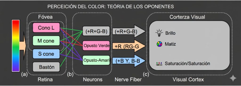 Un diagrama de flujo con tres etapas principales: (a) Espectro Visible con Conos L, M, S y Bastones en la Fóvea de la Retina. (b) Neuronas con canales de procesamiento opuesto: L+M (luminosidad), R-G (Rojo vs. Verde) y Y-B (Amarillo vs. Azul). (c) La Percepción del Color en la Corteza Visual, detallando Brillo, Matiz y Saturación/Cromaticidad. Las conexiones entre las etapas están representadas por líneas de colores.
